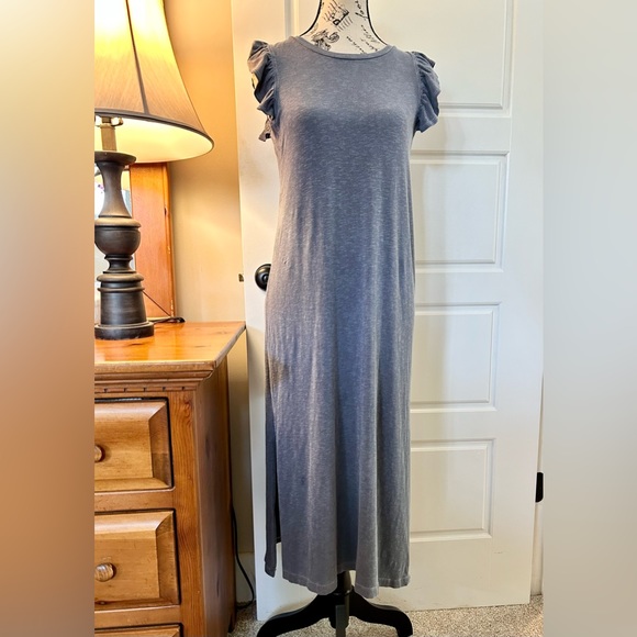 SUNDRY by ANTHROPOLOGY Heathered Blue Ruffle Shoulder Weekend Midi Dress Sz XS - Picture 7 of 12